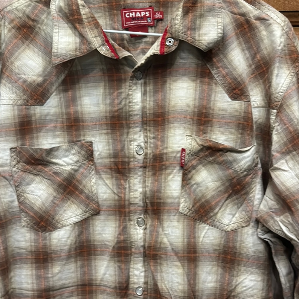 Chaps Men's Pearl Snap Plaid Shirt - Brown and White